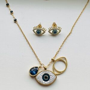 ✨ Evil Eye Necklace & Stud Earrings Set | Gold Tone | Stainless Steel